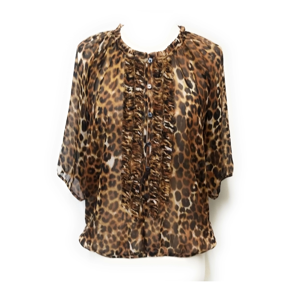 EXPRESS Leopard Print Sheer Blouse Ruffle Front